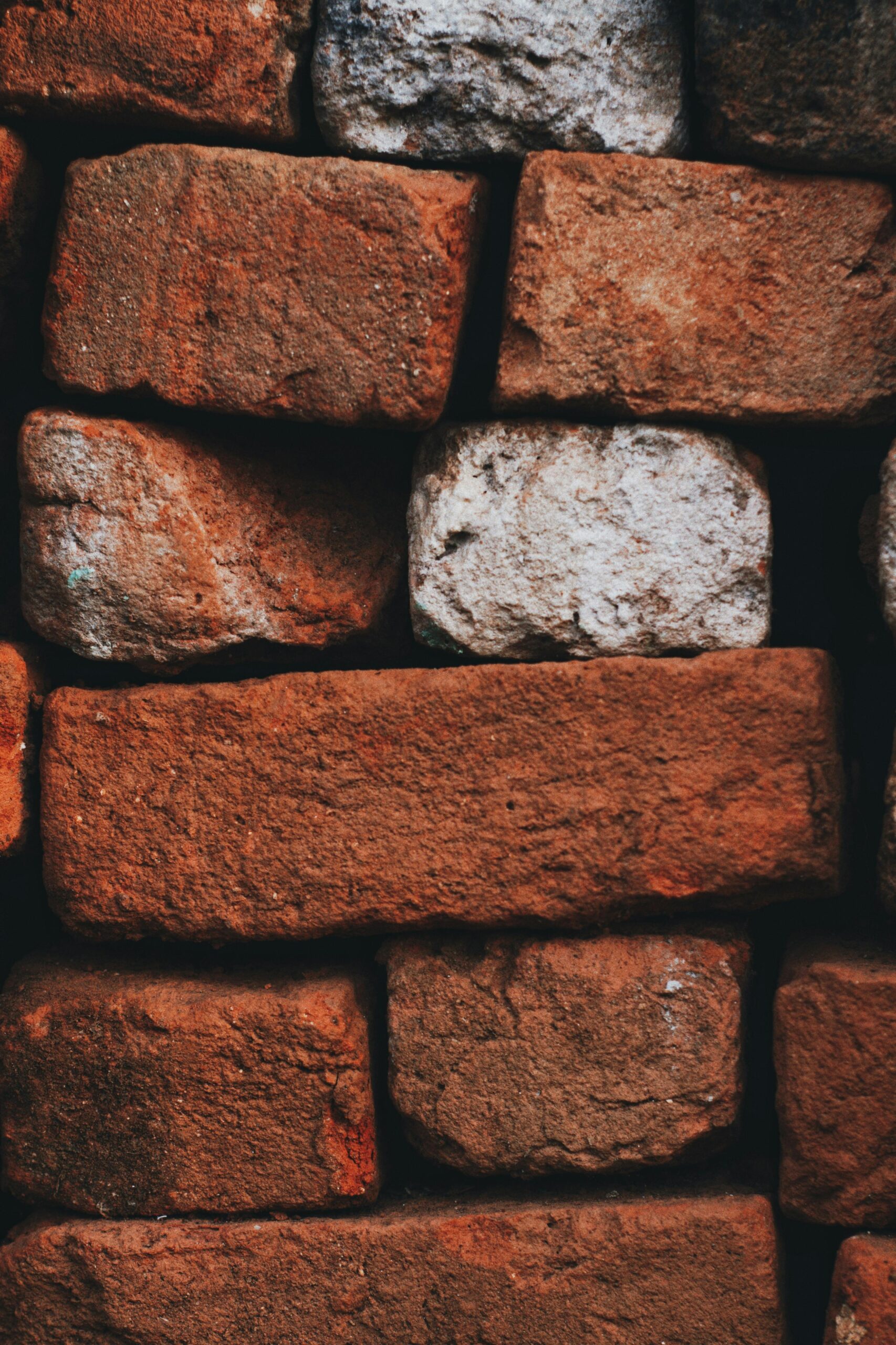 Detailed view of red and gray textured bricks, illustrating rugged surface and urban feel.